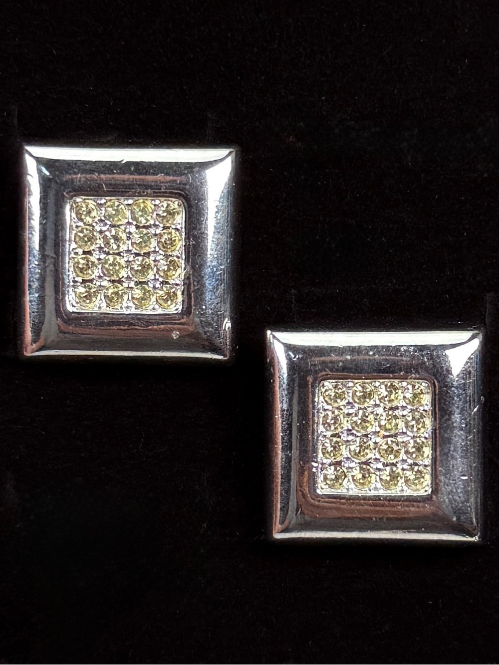 Vintage, silvertone, square yellow bling weighted clip on earrings